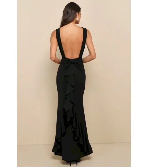 Lulus Exquisite Refinement Black Backless Bow Ruffled Maxi Dress Lulus XS NWT - Picture 6 of 8